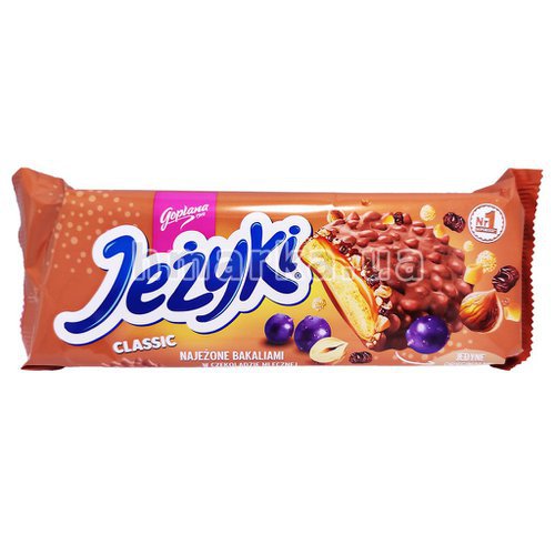 Фото Печенье в молочном шоколаде Jeżyki с карамелью, лесными орехами, изюмом, 140 г № 1