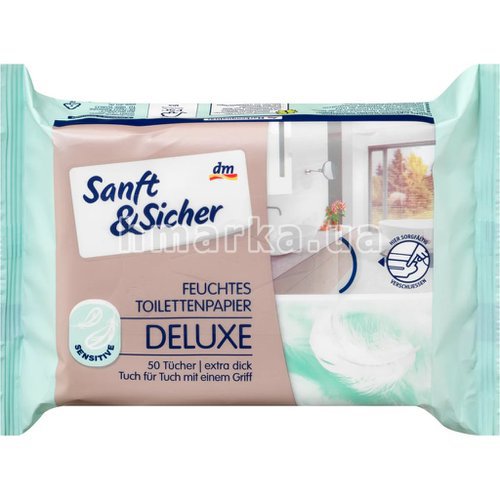 Фото Влажная туалетная бумага Sanft&Sicher Deluxe Sensitive, 50 шт. (БИОРАЗЛАГАЕМЫЙ) № 1