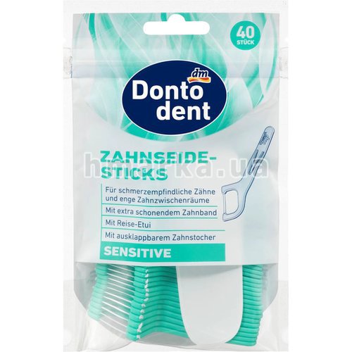 Фото Палички з зубними нитками Dontodent для чутливих зубів з футляром, 40 шт № 1