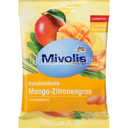 Фото Конфеты Mivolis Манго-Лемонграс с витамином С от кашля, для детей, без сахара, 75 г № 1