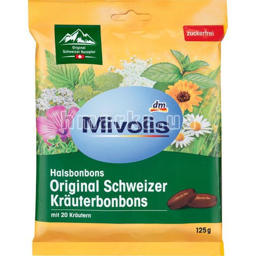 Фото Конфеты Mivolis Оригинальные швейцарские травы, от кашля, без сахара, 125 г № 1