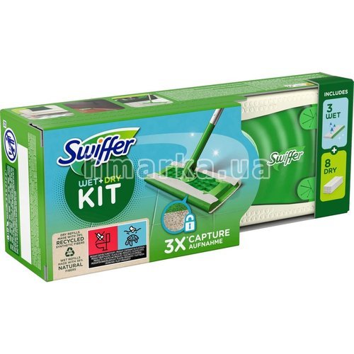 Фото Набір для миття підлоги зі шваброю Swiffer Wet & Dry Kit, 1 швабра+ 8 сухих+ 3 вологих серветок № 1