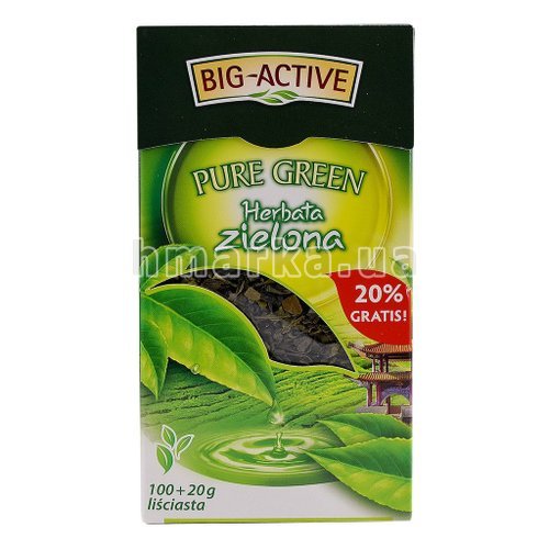 Фото Чай зелений Big - Active Pure Green крупнолистовий, 100 г № 1